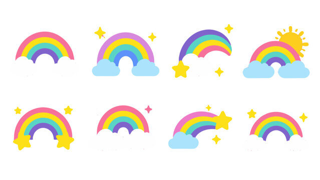 Cute rainbow collection with clouds stars and sun icons