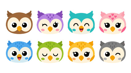 Estores personalizados com sua foto Set of colorful cute owl faces in flat cartoon vector style