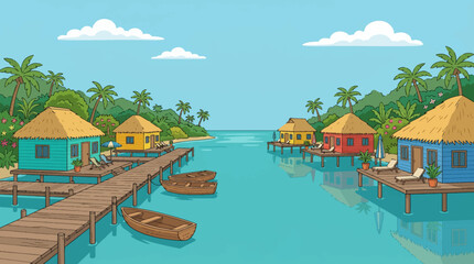 Fototapeta premium Cartoon vector illustration of beautiful coastal lagoon with wooden piers, calm water, surrounding vegetation, colorful tourism atmosphere