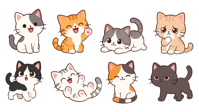 Set of cute cartoon cats in different poses and expressions