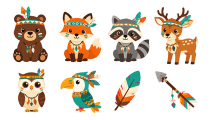 Obraz premium Cute woodland animals with feathers in cartoon vector set