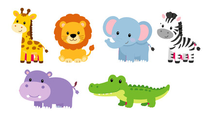 Cute cartoon safari and zoo animals vector set on white © Alan