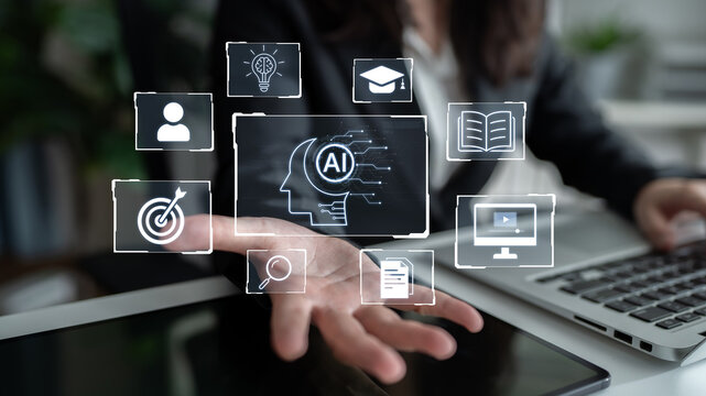 Concept of AI artificial intelligence supporting AI education solution, search, reskill, analytics and AI task management in a connected future AI wisdom digital workflow. Corpus