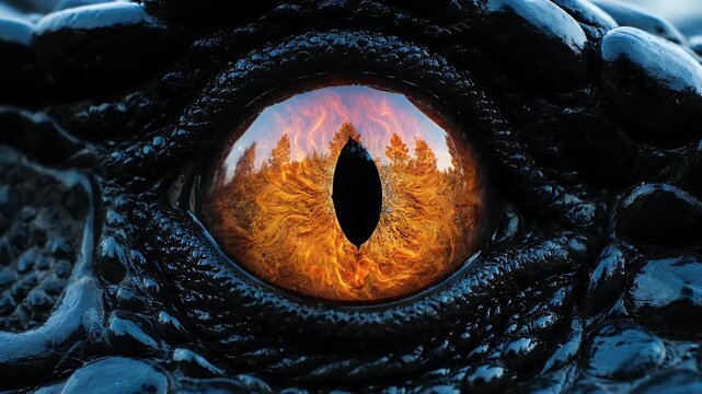 Alligator eye macro with a golden iris and vertical pupil reflecting a forest scene.