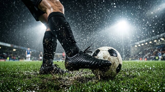 Close Up of Football Athlete Boot Kicking Ball on Wet Field with Intense Water Splashes in Rain