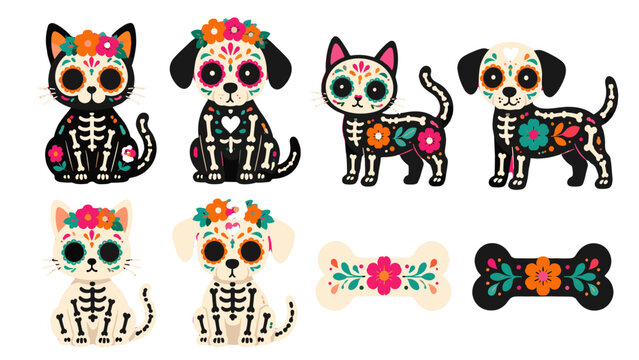Day of the Dead style cat and dog skeleton cartoon set