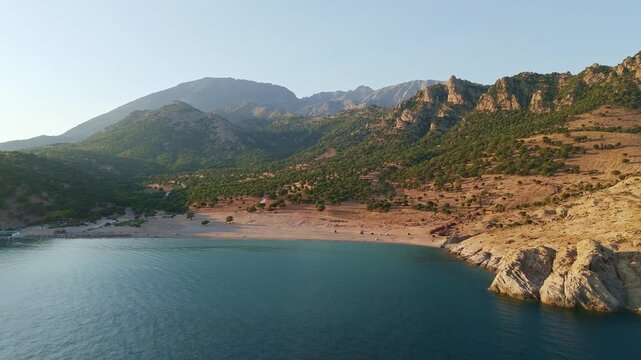 Aerial View of Pachia Ammos Beach at Sunset Samothraki Greece