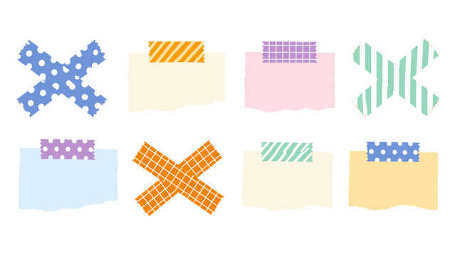 Set of colorful washi tape crosses and torn paper note pieces