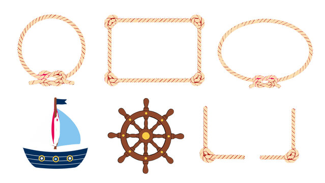 Nautical vector set with rope frames sailboat and helm