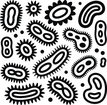Black and white microorganism vector pattern with diverse bacteria shapes for science microbiology education and medical awareness