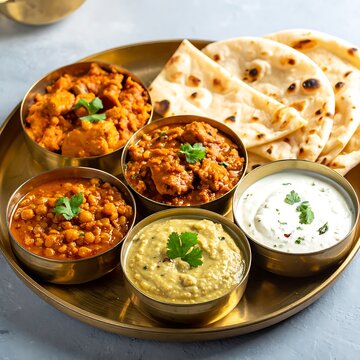 A traditional Indian meal served on a metal platter