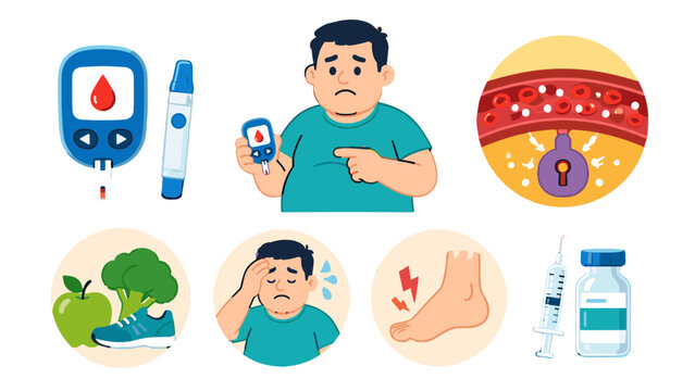 Diabetes management icons with patient, glucose meter, and insulin