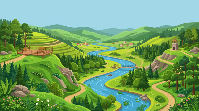 Cartoon vector illustration of scenic river valley with winding waterway, green hills, observation points, colorful tourism atmosphere, clean vector style, highly detailed natural attraction scene