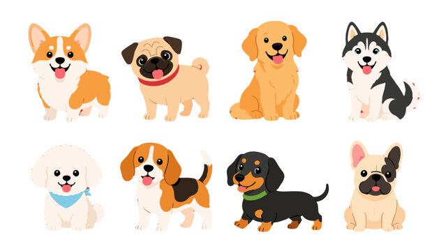 Set of cute cartoon dog breeds isolated on white background