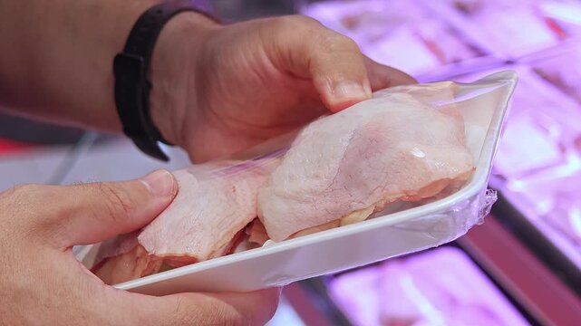 Customer inspecting packaged chicken thighs in supermarket meat department, checking fresh poultry product before purchase, close up consumer selection, refrigerated grocery shopping.