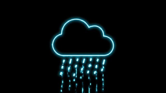 Binary cloud rain technology concept with glowing neon lines on a black background..