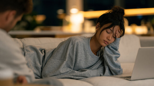 Junior developer lying on break room couch at 11pm, code review pending notifications on laptop screen beside her, hand covering eyes in exhaustion, colleague placing coffee