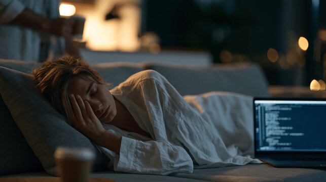 Junior developer lying on break room couch at 11pm, code review pending notifications on laptop screen beside her, hand covering eyes in exhaustion, colleague placing coffee