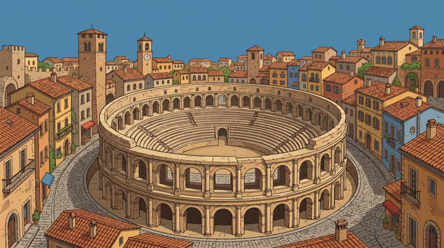 Cartoon vector illustration of ancient stone amphitheater surrounded by historic architecture, cultural tourism destination, colorful heritage atmosphere, clean vector style