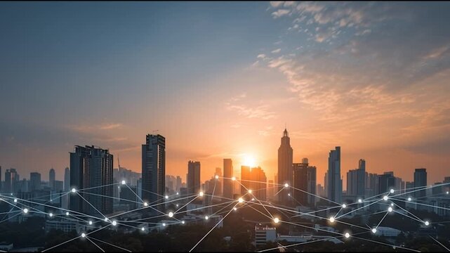 Smart Innovation city with connection cyber security network reciprocity over the cityscape . future wireless digital city and social media networking systems that connects people with in the city