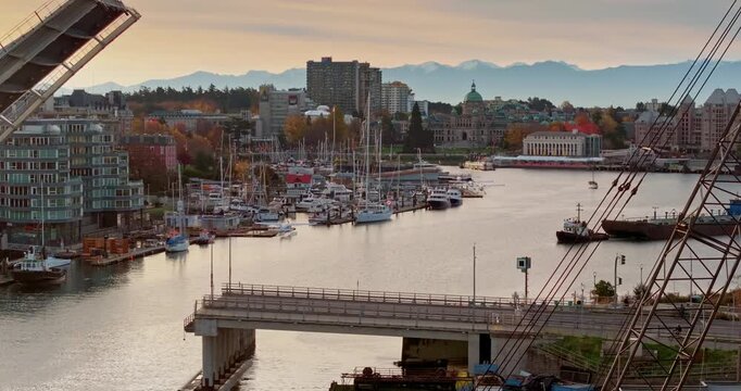 Aerial view of the waterfront and cityscape of Victoria with Johnson Bridge in British Columbia, Canada