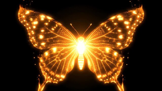 Glowing fire butterfly flapping its wings with golden light and sparkling particles.