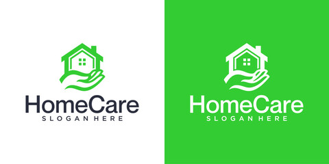 Fototapeta premium Home Care Logo Template with Abstract House and Hand Gesture Icon for Real Estate, Property Protection, Charitable Foundation, Family Security, and Eco-Friendly Housing Branding