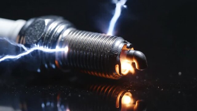 Spark plug firing with electrical spark and smoke on dark background