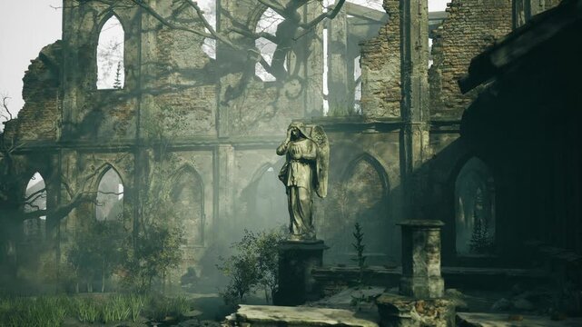 Weathered stone statue standing within crumbling cathedral nave, shafts of light reveal moss and dust motes, scene carries solemn grandeur and ruinous beauty