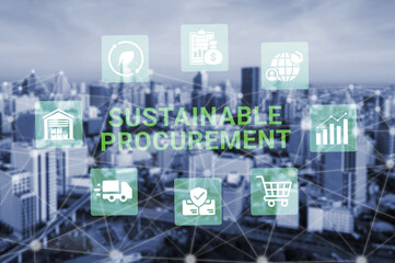 A modern cityscape serves as a backdrop for digital icons emphasizing the importance of sustainable...