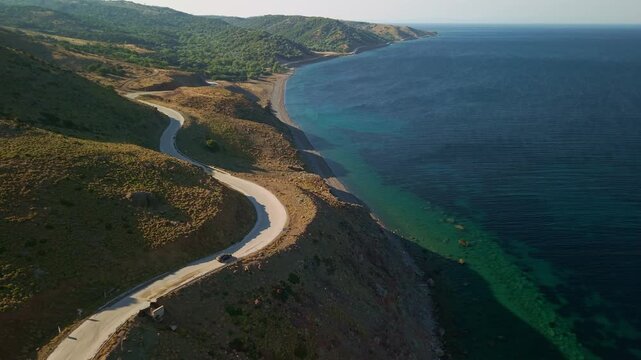 Aerial View of Coastal Road to Kipos Beach Samothrace Greece