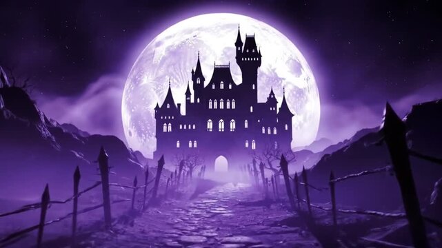 Spooky dark castle silhouette against a massive purple full moon at night.