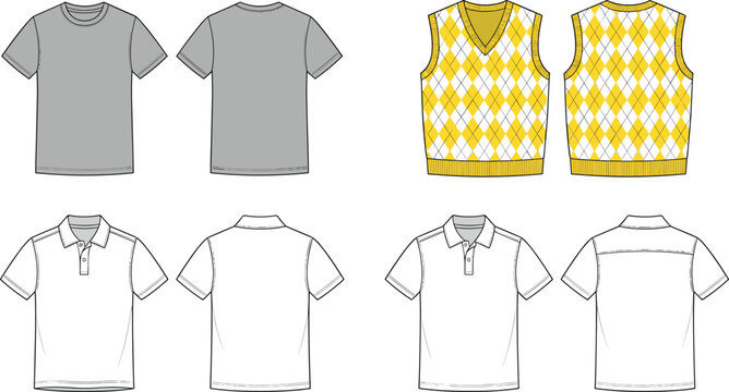Men fashion casual clothing set technical sketch vector illustration featuring basic t shirt argyle sweater vest and polo templates