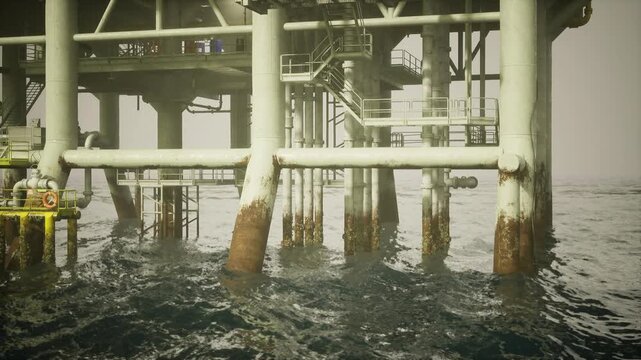Closeup corroded platform legs rising through dark sea, heavy barnacle and algae growth, orange rust streaks on metal, splashing waves and rough texture,