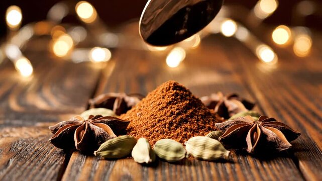 Spoon pouring cinnamon powder over star anise and cardamom pods on rustic wood with bokeh lights