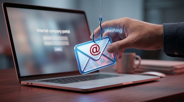 A hand holds a phishing email icon on a fishing hook near a laptop
