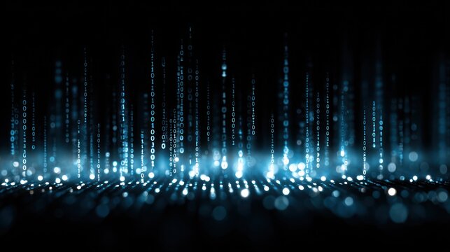 Abstract digital data streams with blue binary code and glowing bokeh lights on black background
