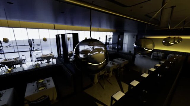 Wide dining room with tables set, linen napkins and china plates, centerpiece orbs, panoramic window revealing urban skyline at twilight, subdued lighting