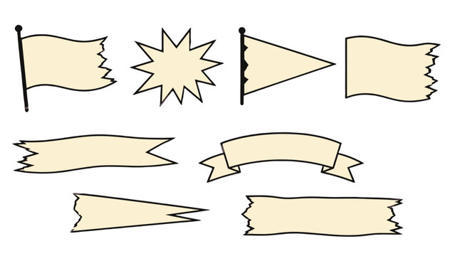 Set of hand drawn blank flags, banners, and starburst shapes