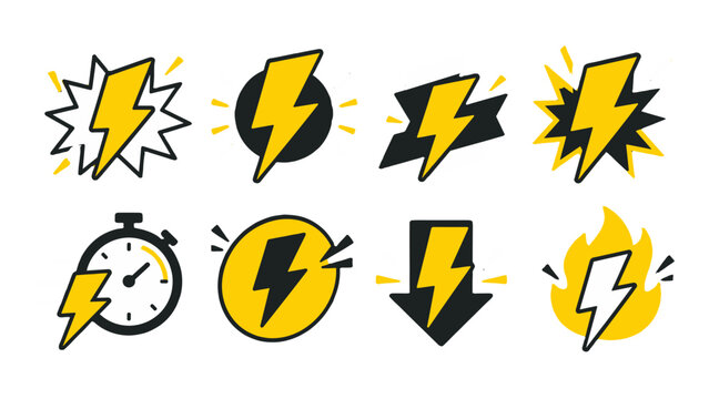 Set of yellow lightning bolt icons in comic style