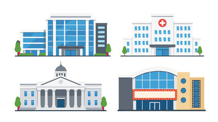 Naklejka premium Set of public building and venue facade vector illustrations