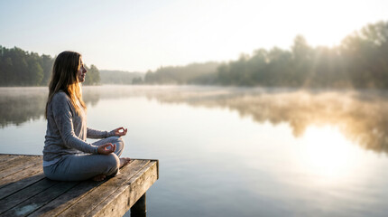 Fototapeta premium Young woman meditates cross-legged on a wooden dock by a misty mountain lake at sunrise, embodying calm, mindfulness and natural tranquility during a peaceful outdoor wellness moment.