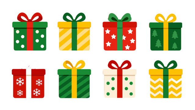 Set of colorful wrapped gift boxes with bows in flat vector style