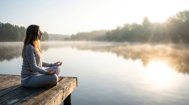 Young woman meditates cross-legged on a wooden dock by a misty mountain lake at sunrise, embodying calm, mindfulness and natural tranquility during a peaceful outdoor wellness moment.
