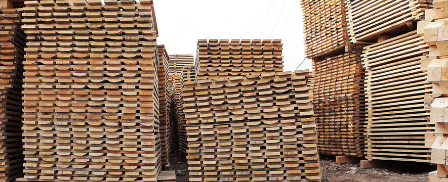 Manufacture of pallets made of wood for cargo transportation. Natural wood. Lumber warehouse. An open-air wood processing workshop. Woodworking. Narrow banner
