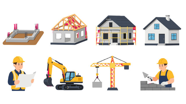 House construction stages with workers and building equipment