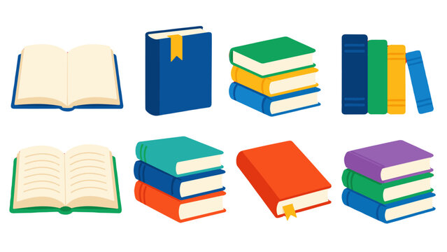 Colorful book icon set with open and stacked volumes