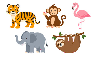 Cute cartoon wild animals set with tiger monkey flamingo © Alan