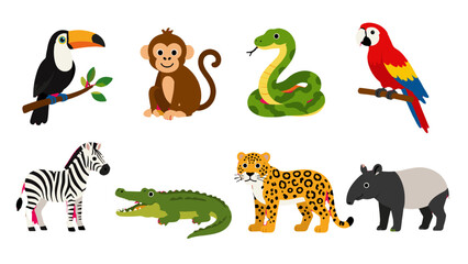 Obraz premium Cartoon jungle and wild animals vector set on white background