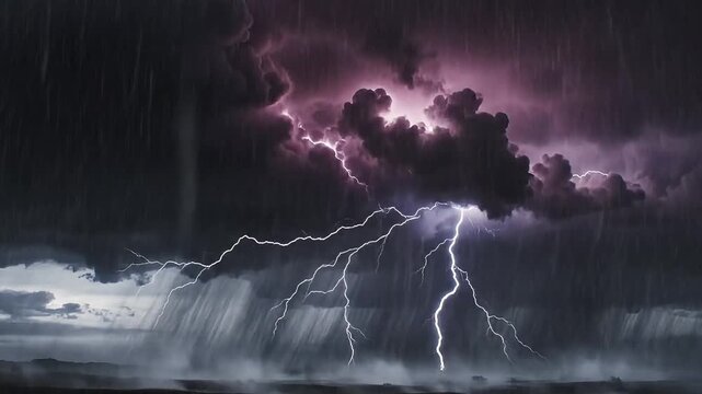 Dramatic lightning strikes through dark, stormy clouds during a heavy downpour.